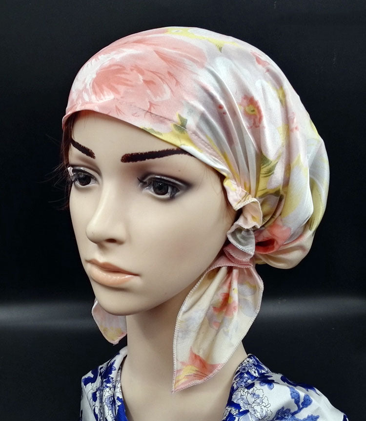 HKM-202579 Satin Flower Print Nightcap with Short Brim for Home Hair Care