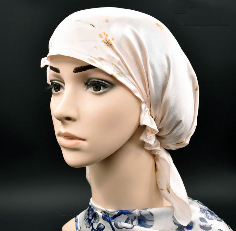 HKM-202579 Satin Flower Print Nightcap with Short Brim for Home Hair Care