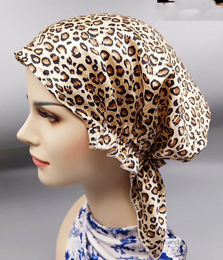HKM-202579 Satin Flower Print Nightcap with Short Brim for Home Hair Care