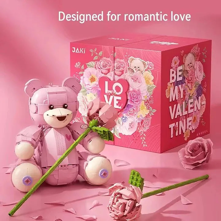 Pink Bear Building Block Set with Rose - DIY Model Toy for Girls and Women, Perfect for Valentine's Day