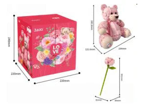 Pink Bear Building Block Set with Rose - DIY Model Toy for Girls and Women, Perfect for Valentine's Day