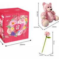 HKM-202963 Pink Bear Building Block Set with Rose - DIY Model Toy for Girls and Women, Perfect for Valentine's Day