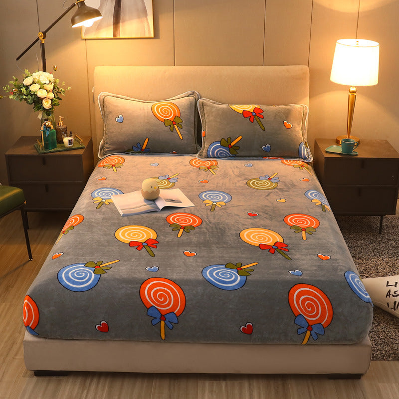 HKM-203155 Warm Flannel Cartoon Printed Fitted Sheet - Cozy Winter Mattress Cover in Various Design Options