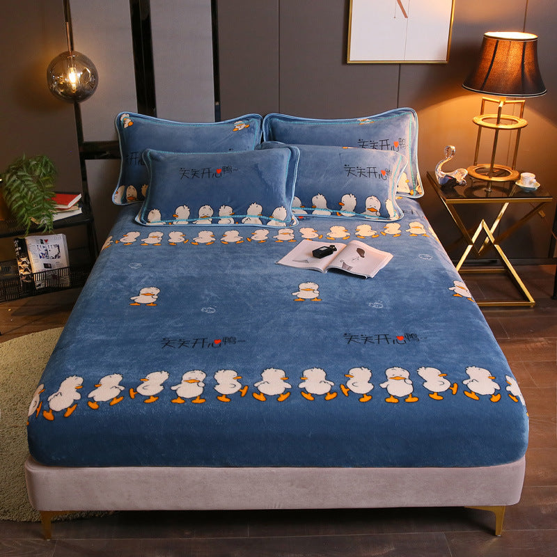 HKM-203155 Warm Flannel Cartoon Printed Fitted Sheet - Cozy Winter Mattress Cover in Various Design Options