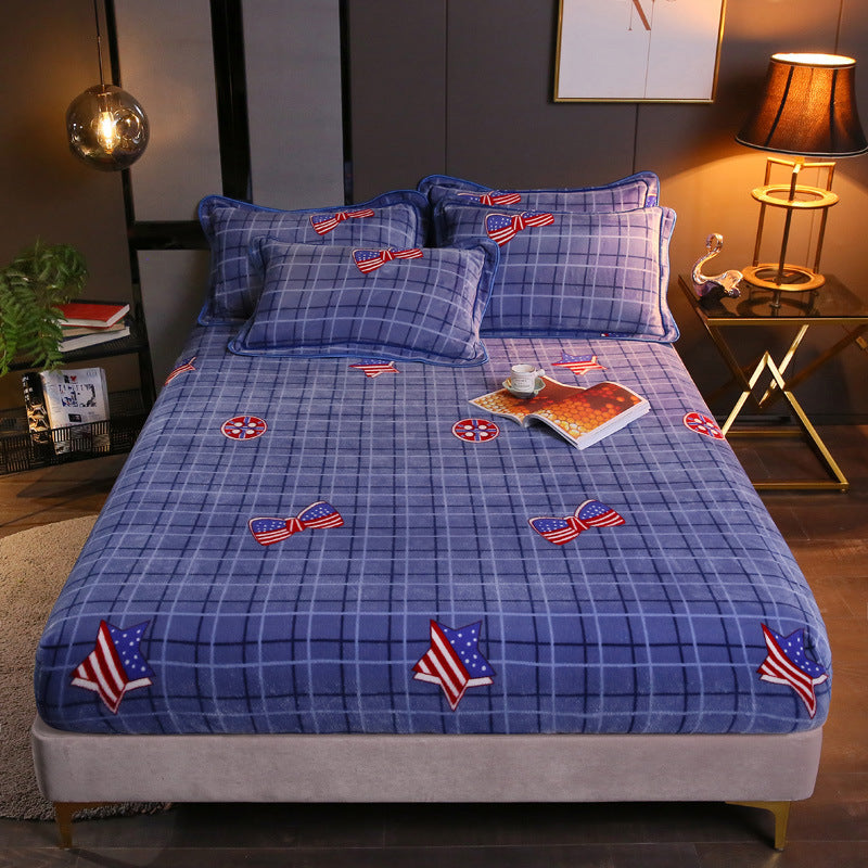 HKM-203155 Warm Flannel Cartoon Printed Fitted Sheet - Cozy Winter Mattress Cover in Various Design Options