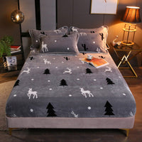 HKM-203155 Warm Flannel Cartoon Printed Fitted Sheet - Cozy Winter Mattress Cover in Various Design Options