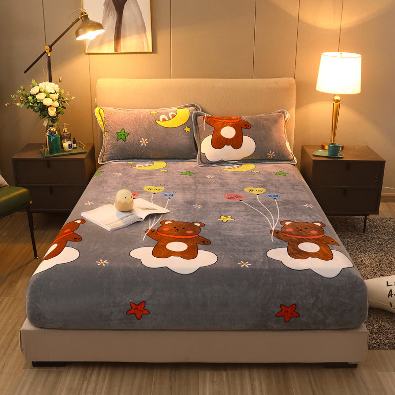 HKM-203155 Warm Flannel Cartoon Printed Fitted Sheet - Cozy Winter Mattress Cover in Various Design Options