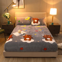 HKM-203155 Warm Flannel Cartoon Printed Fitted Sheet - Cozy Winter Mattress Cover in Various Design Options