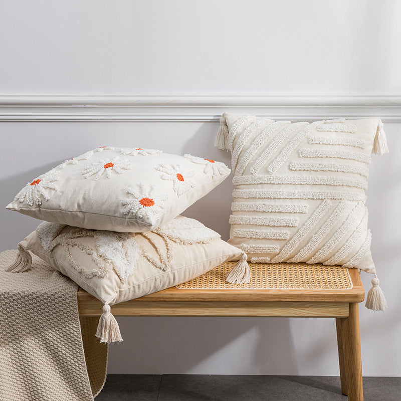 HKM-203603 Scandinavian Floral Tufted Pillowcase – Cotton Cushion Cover for Home Décor
