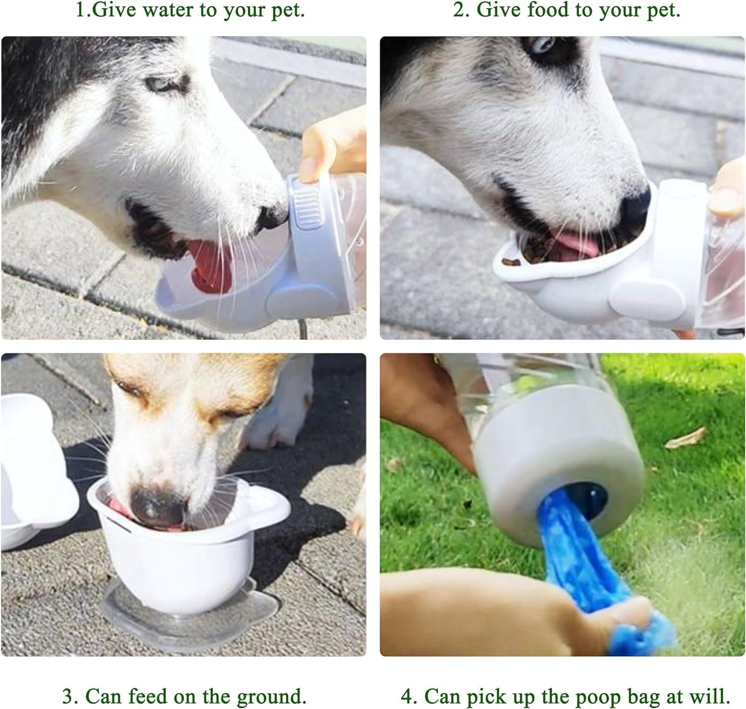 HKM-203987 3-in-1 Portable Pet Water Bottle with Food Container and Waste Bag Dispenser for Dogs and Cats