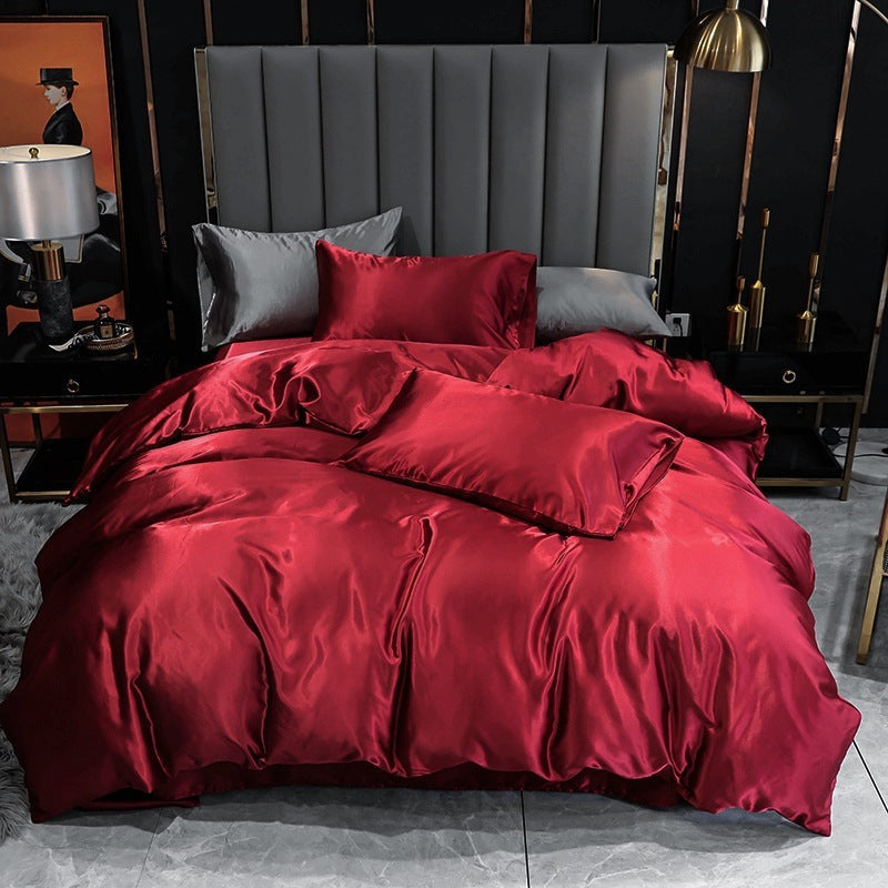 HKM-204627 Imitation Silk Satin Bedding Set with Quilt Cover and Pillowcases - Multiple Colors Available