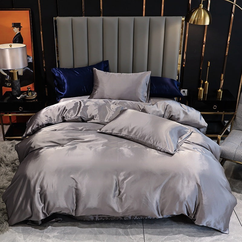 HKM-204627 Imitation Silk Satin Bedding Set with Quilt Cover and Pillowcases - Multiple Colors Available