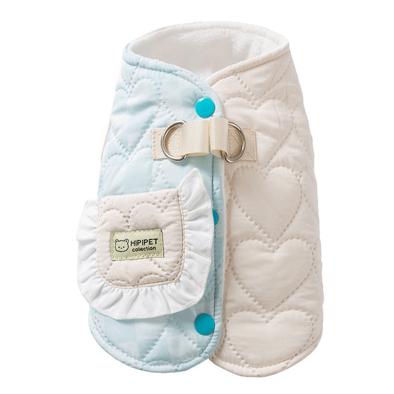 HKM-204627 Warm Heart-Shaped Checkered Pocket Vest for Dogs and Cats – Quilted Polyester with Fluffy Wool Lining