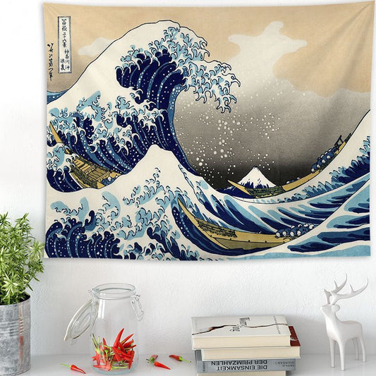 HKM-205011 Ukiyo-e Japanese Style Wave Tapestry - Soft Cotton Decorative Fabric for Home and Outdoor Use