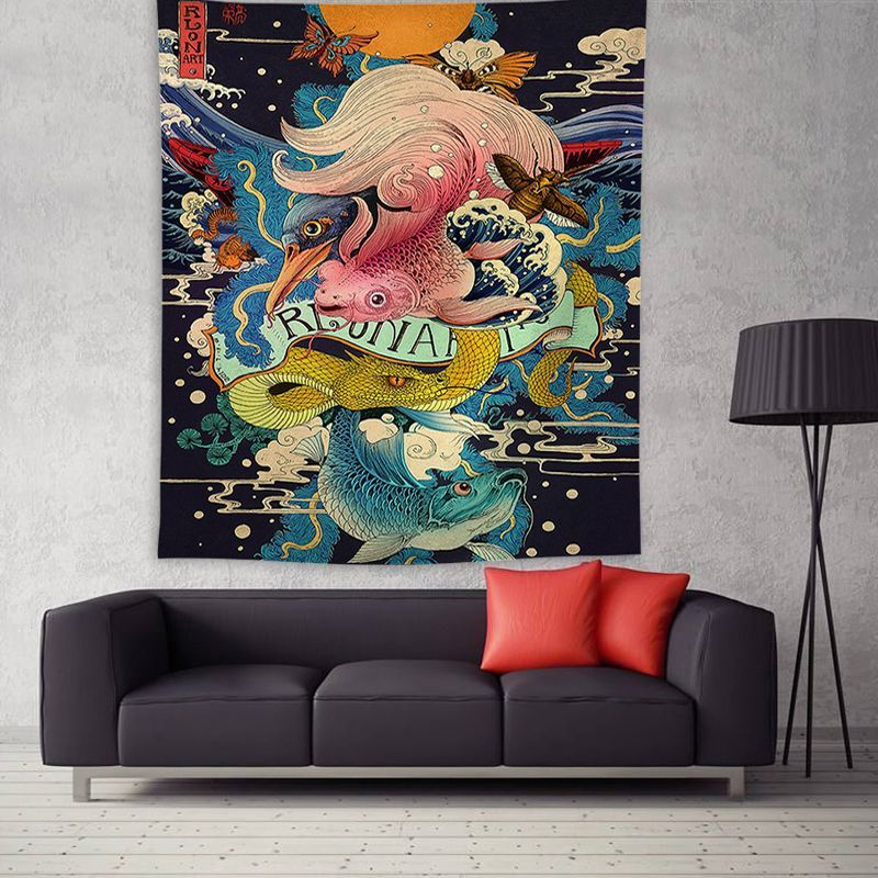 HKM-205011 Ukiyo-e Japanese Style Wave Tapestry - Soft Cotton Decorative Fabric for Home and Outdoor Use