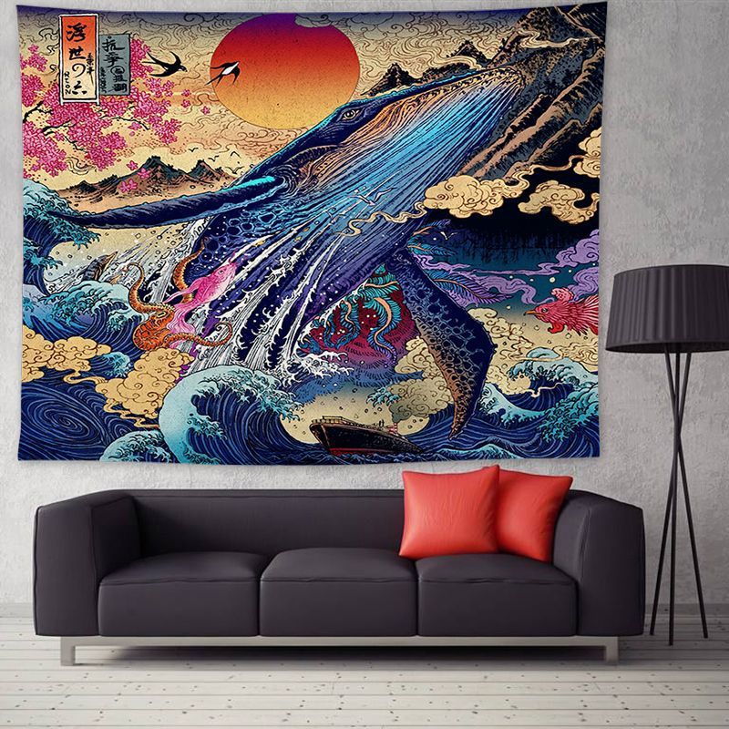 HKM-205011 Ukiyo-e Japanese Style Wave Tapestry - Soft Cotton Decorative Fabric for Home and Outdoor Use