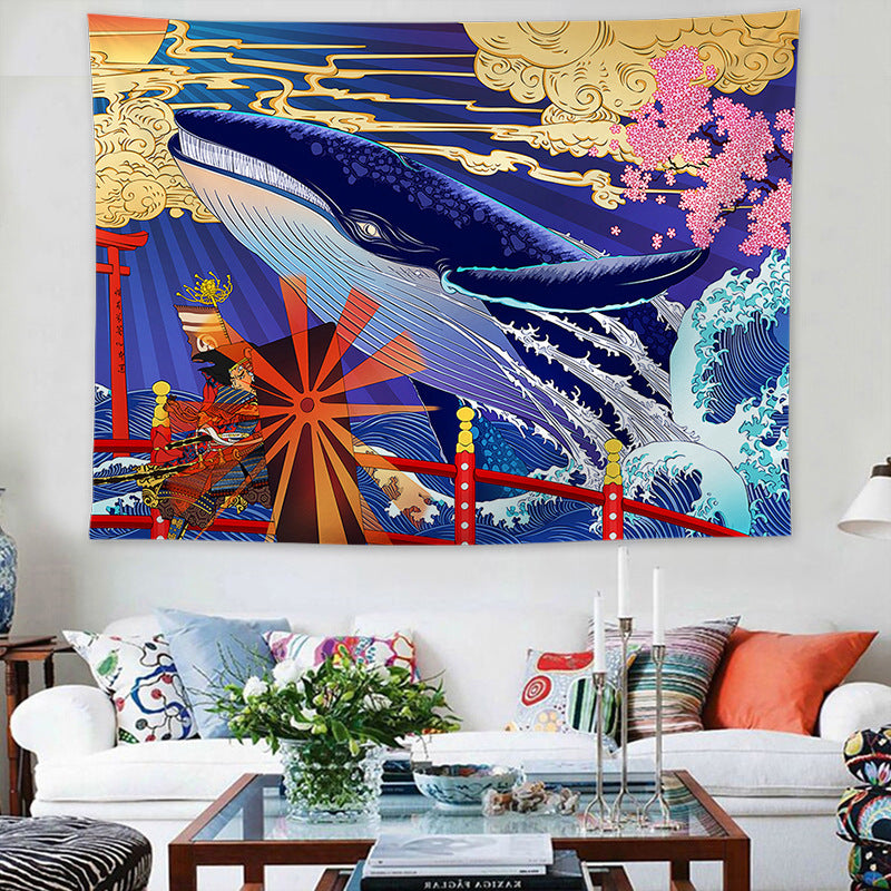 HKM-205011 Ukiyo-e Japanese Style Wave Tapestry - Soft Cotton Decorative Fabric for Home and Outdoor Use