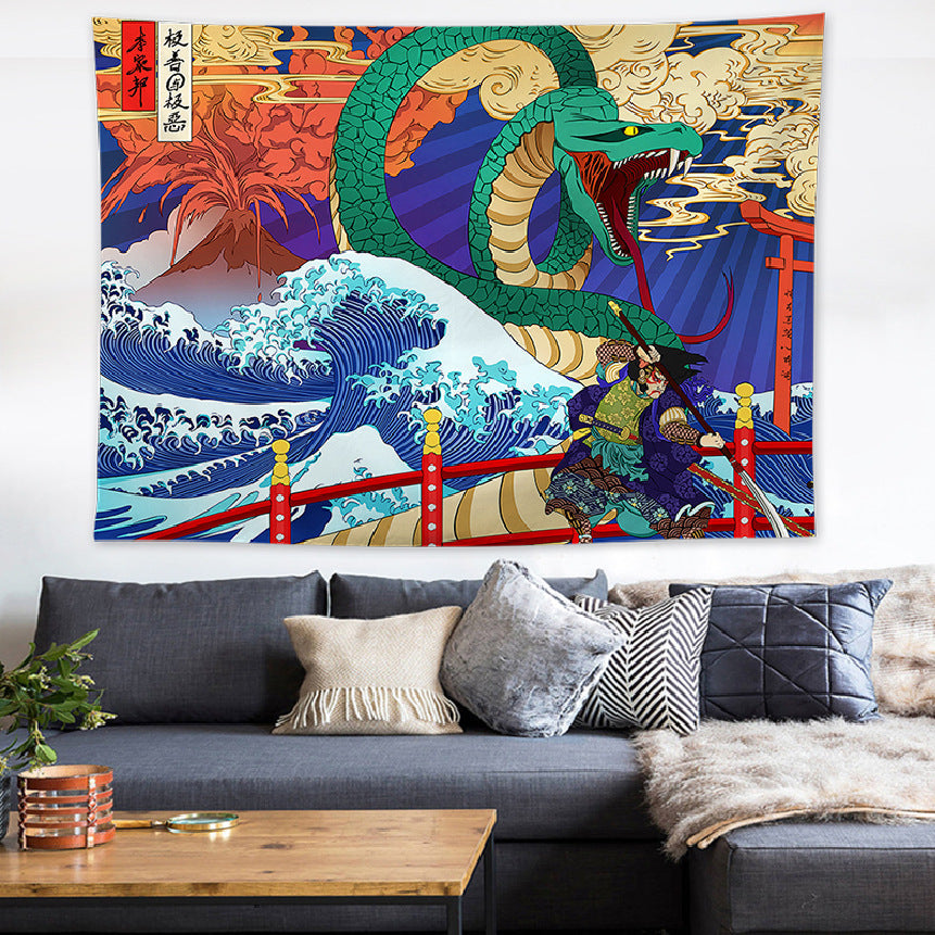 HKM-205011 Ukiyo-e Japanese Style Wave Tapestry - Soft Cotton Decorative Fabric for Home and Outdoor Use