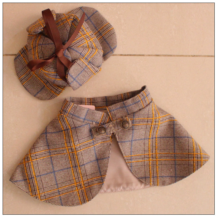 HKM-205075 Detective-Themed Casual Cloak Hat Suit for Pets in Khaki Brown Plaid