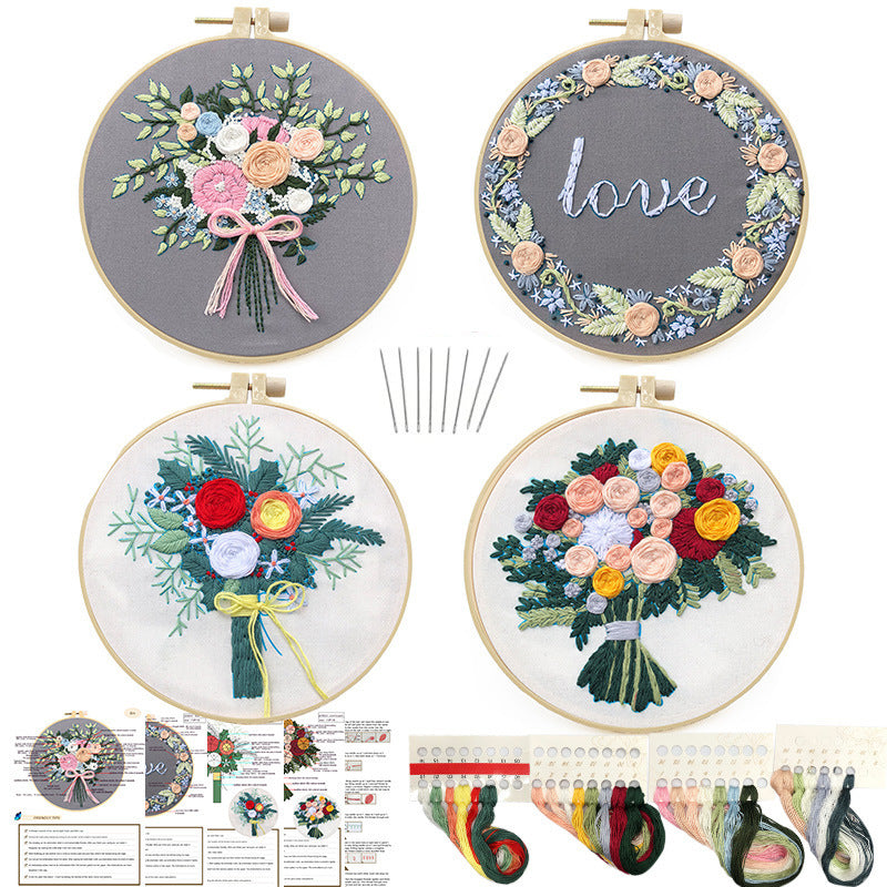 HKM-205459 European Style DIY Flower Embroidery Kit with Cotton and Linen Materials - Various Floral Patterns