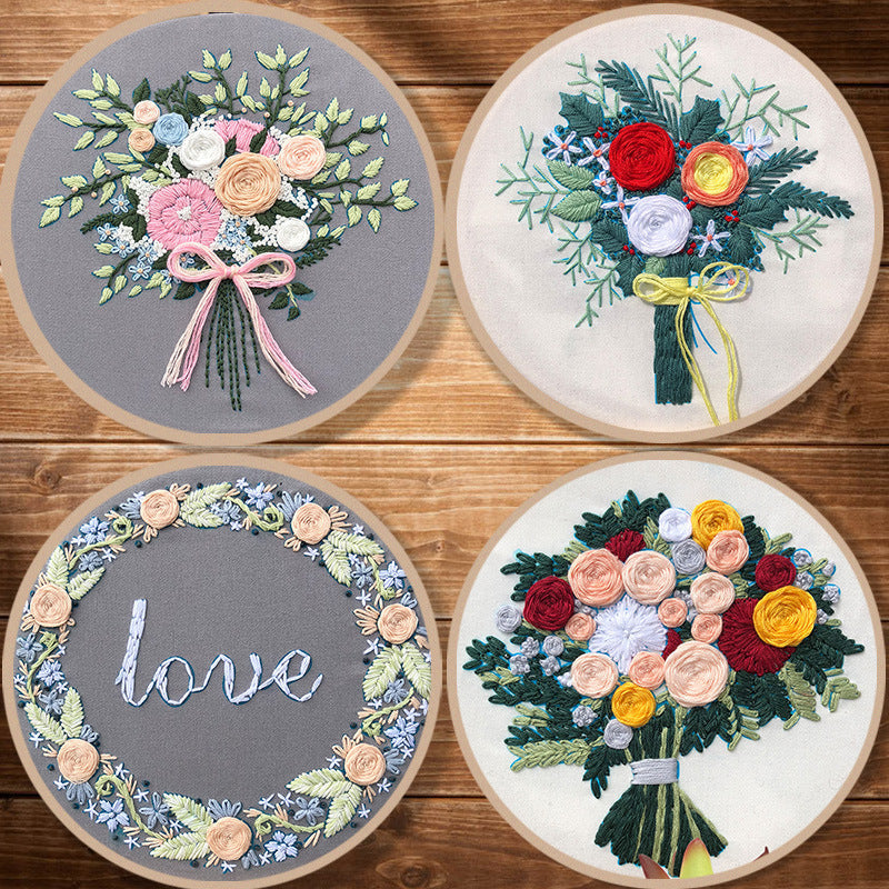 HKM-205459 European Style DIY Flower Embroidery Kit with Cotton and Linen Materials - Various Floral Patterns