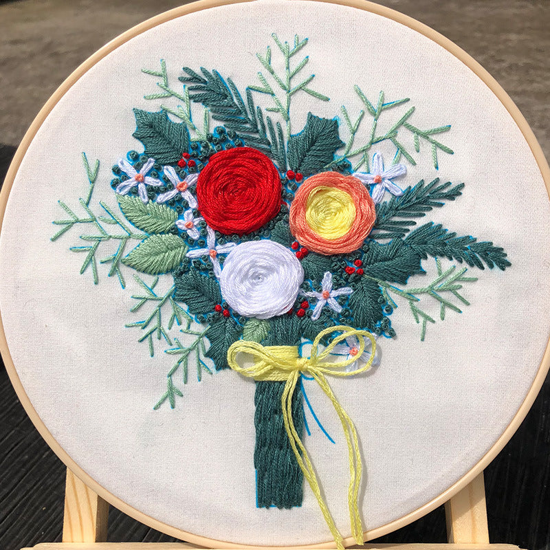 HKM-205459 European Style DIY Flower Embroidery Kit with Cotton and Linen Materials - Various Floral Patterns