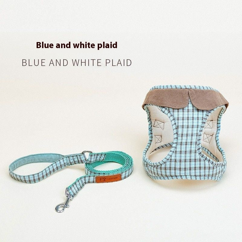 HKM-205651 Fashionable Cotton Dog Harness with Retractable Belt in Plaid Styles