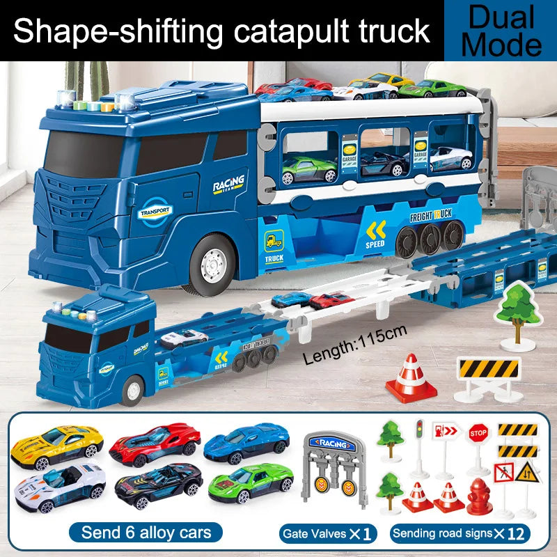 HKM-205715 Creative Deformation Long Track Truck Toy with Diecast Cars and Parking Lot Slot for Kids 3 Years+