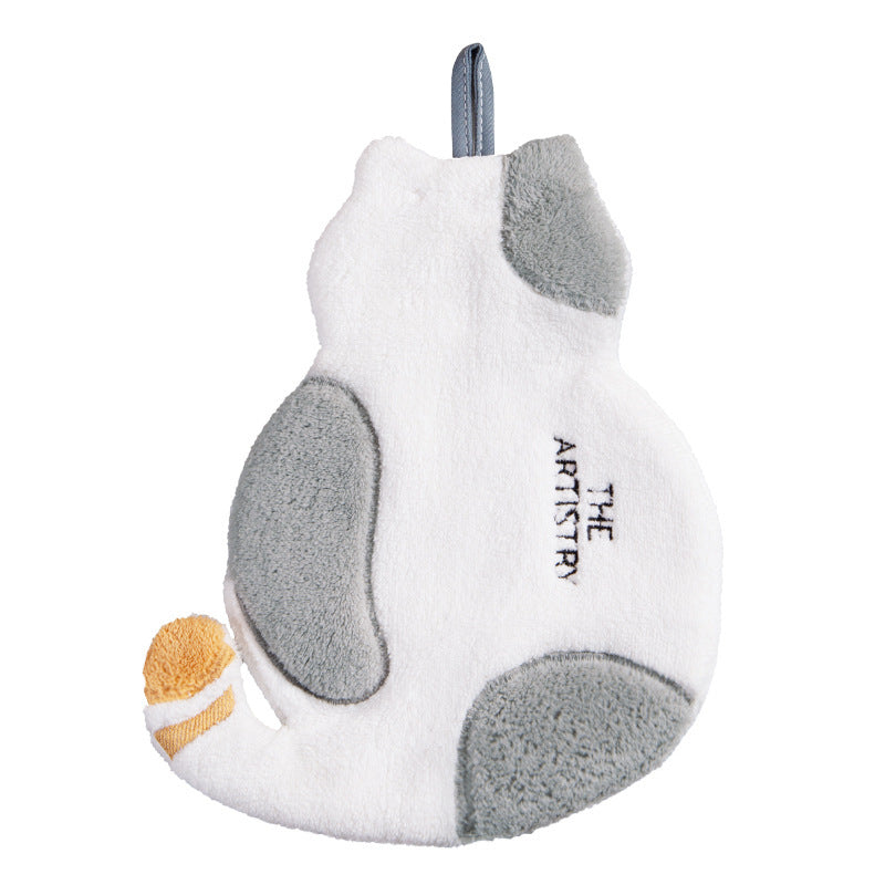 HKM-206035 Thickened Cat Hand Towel for Kids - Superfine Coral Fleece, Absorbent and Hangable, Yellow or Gray, 210x300mm