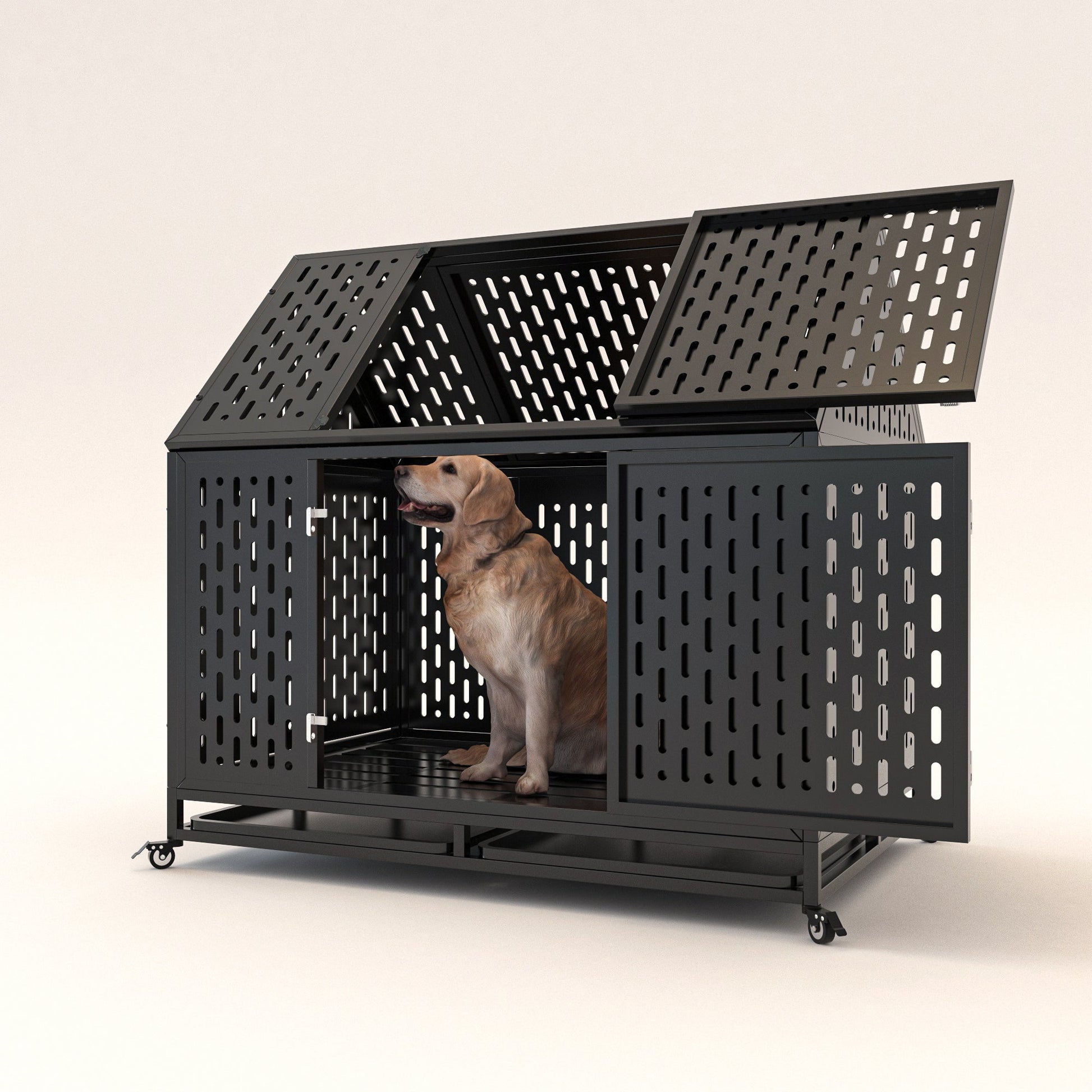 HKM-206611 Durable 45 Inch Heavy Duty Steel Dog Crate with Removable Trays and Lockable Wheels