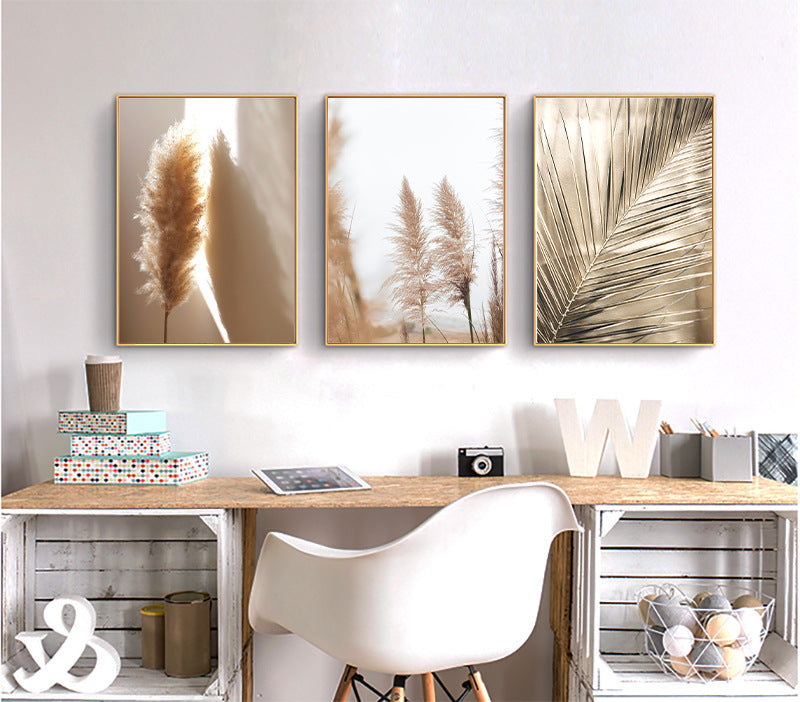 HKM-206611 Nordic Style Golden Reed Micro-Spray Decorative Canvas Art for Living Room and Dining Room