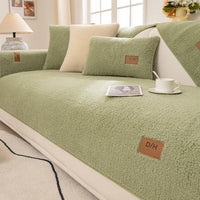 HKM-206675 Thickened Fleece Non-slip Lambskin Sofa Cover in Solid Matcha Color