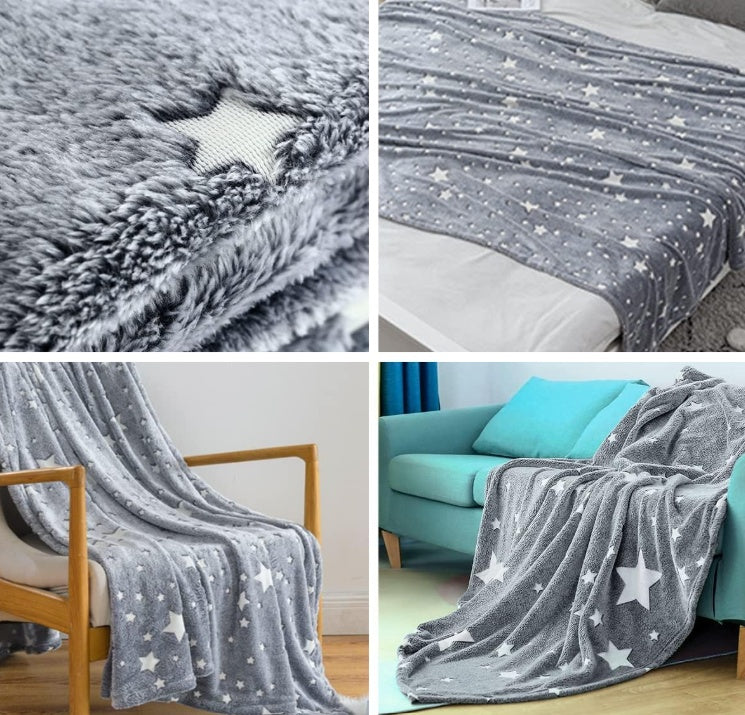 HKM-207443 Glow in the Dark Cozy Blanket for Kids - Soft Plush Fabric with Moon and Stars, 50 x 60 inches