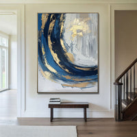 HKM-207699 Abstract Oil Painting on Canvas - Handmade Modern Art in Blue and Gold for Living Room Décor