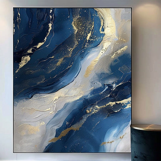 HKM-207699 Abstract Oil Painting on Canvas - Handmade Modern Art in Blue and Gold for Living Room Décor