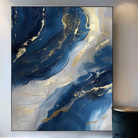 HKM-207699 Abstract Oil Painting on Canvas - Handmade Modern Art in Blue and Gold for Living Room Décor