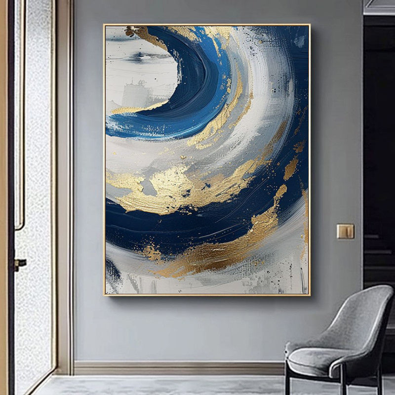 HKM-207699 Abstract Oil Painting on Canvas - Handmade Modern Art in Blue and Gold for Living Room Décor