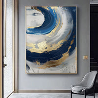 HKM-207699 Abstract Oil Painting on Canvas - Handmade Modern Art in Blue and Gold for Living Room Décor