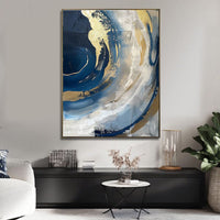 HKM-207699 Abstract Oil Painting on Canvas - Handmade Modern Art in Blue and Gold for Living Room Décor