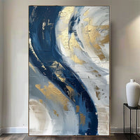 HKM-207699 Abstract Oil Painting on Canvas - Handmade Modern Art in Blue and Gold for Living Room Décor