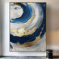 HKM-207699 Abstract Oil Painting on Canvas - Handmade Modern Art in Blue and Gold for Living Room Décor