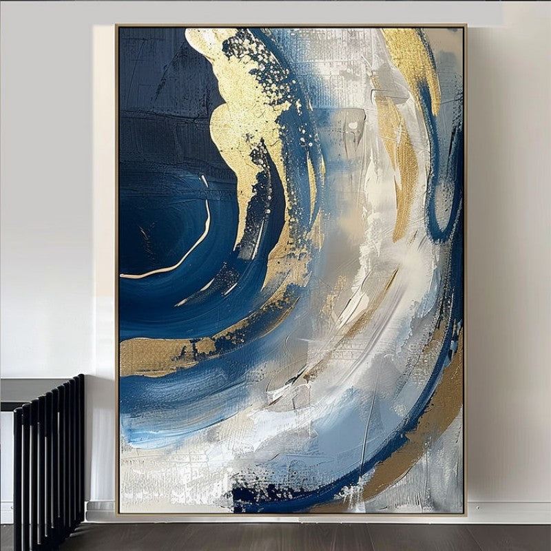 HKM-207699 Abstract Oil Painting on Canvas - Handmade Modern Art in Blue and Gold for Living Room Décor
