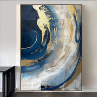 HKM-207699 Abstract Oil Painting on Canvas - Handmade Modern Art in Blue and Gold for Living Room Décor