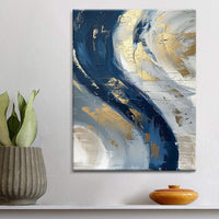 HKM-207699 Abstract Oil Painting on Canvas - Handmade Modern Art in Blue and Gold for Living Room Décor