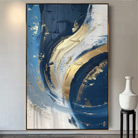 HKM-207699 Abstract Oil Painting on Canvas - Handmade Modern Art in Blue and Gold for Living Room Décor