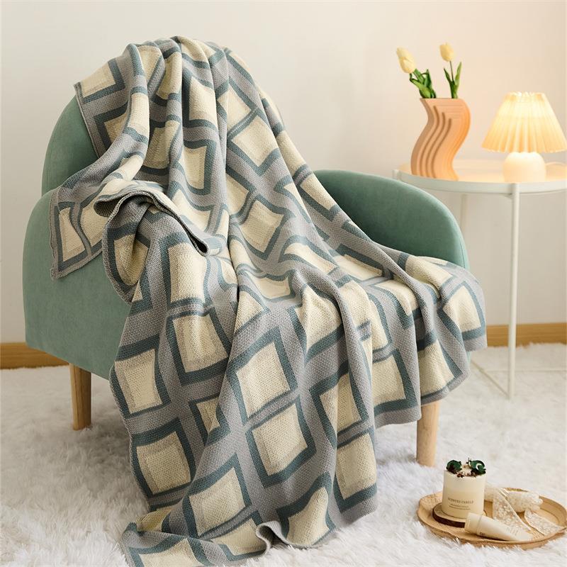 HKM-207763 Cotton Knitted Geometric Pattern Blanket - 130x160CM in Pink or Blue