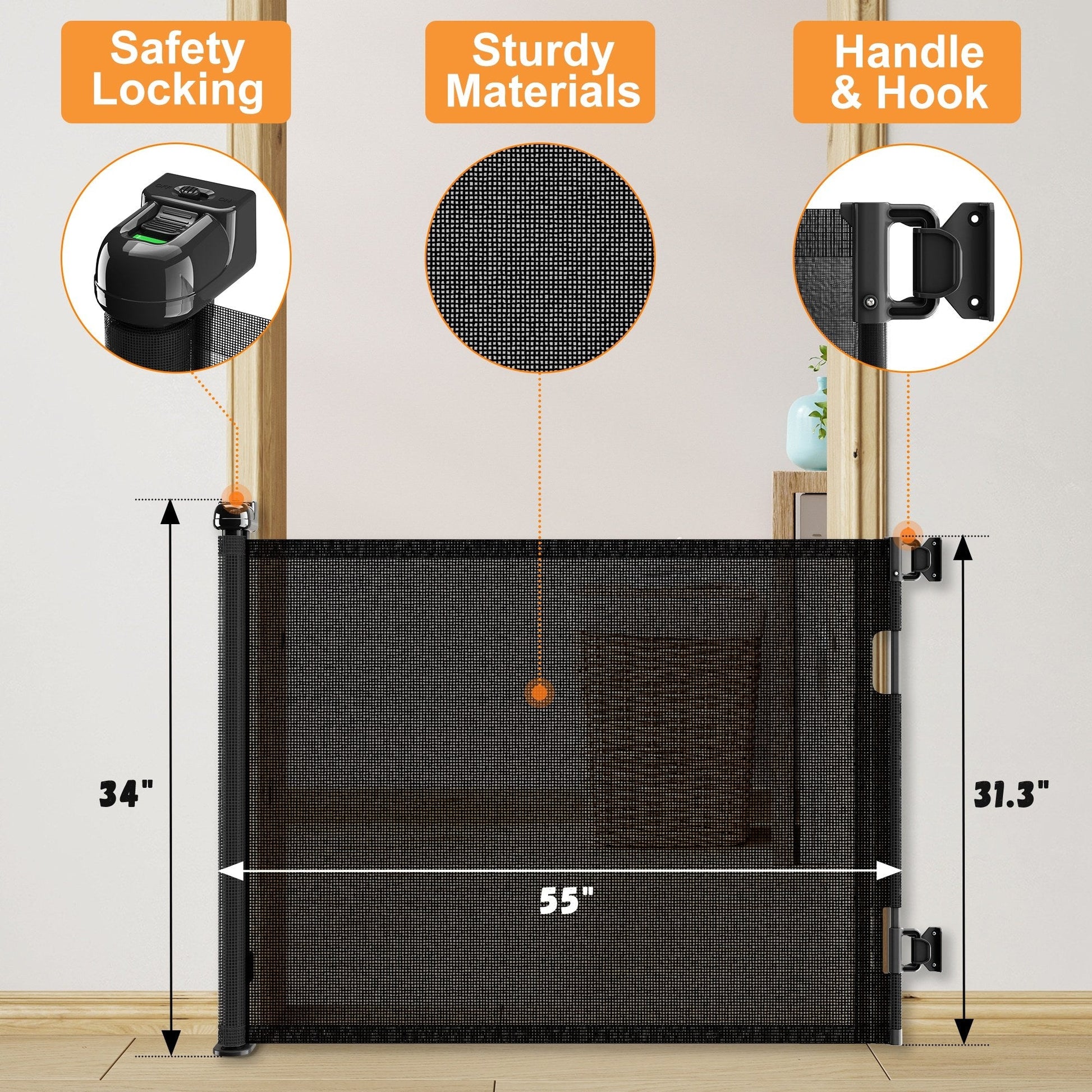 HKM-207763 Retractable Baby Gate for Doorways, 55" Wide x 33" Tall, Adjustable Mesh Safety Gate for Pets and Children