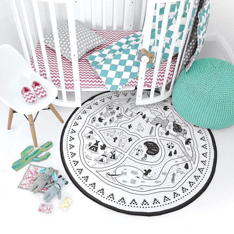 HKM-207763 Village-Themed Cotton Canvas Children's Play Mat - 135cm Diameter