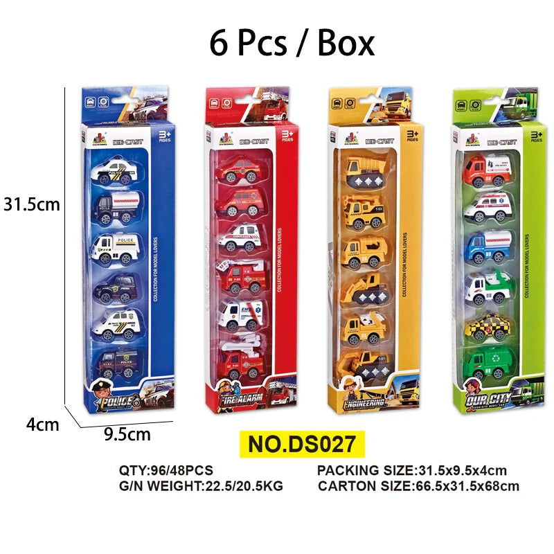 HKM-208019 1:64 Scale Diecast Vehicle Set - Mini Alloy Fire Truck, Police Car, and Engineer Truck for Kids
