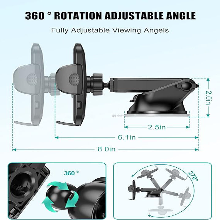 HKM-208019 4-in-1 Universal Car Phone Holder with Sturdy Suction Cup Base and 360-Degree Rotatable Arm